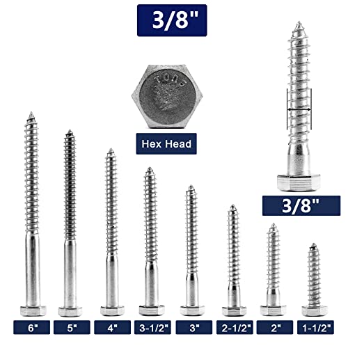 3/8" x 6" Hex Head Lag Screws Bolts 20Pcs 304 Stainless Steel 18-8, Partial Thread, Hexagon Head Wood Screws by SG TZH 20 3/8-16 x 6"