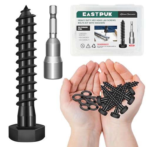 (10Sets) 3/8" x 2" Hex Head Lag Screws & 46Pcs 3/8 Hex Head Lag Bolts Screws Assortment Kit, Heavy Duty Lag Screws with Washers, 304 Stainless Steel, 3/8 Bolt for Wood, Fully Thread, Black