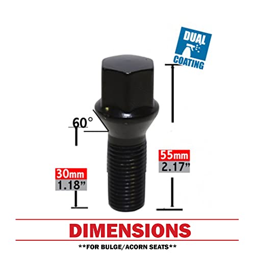 Wheel Accessories Parts 20 Pcs M14 x 1.50 Thread Acorn Seat Lug Bolt Black Finish 30mm Shank Length 17mm Hex fits Land Rover Range Rover ｜ Volvo S60 S90 XC40 XC60 XC70 XC90 ｜ Older BMW Hex Black Factory Length 30mm