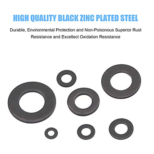 DYWISHKEY 820Pieces 7 Sizes Black Zinc Plated Steel Flat Washers Assortment Kit (M3 M4 M5 M6 M8 M10 M12)