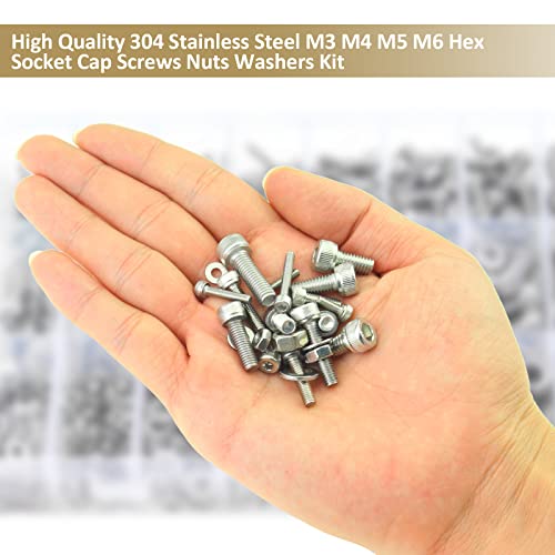 814 Pieces Socket Head Cap Screws Nuts Washers Kit, Kindroufly M3 M4 M5 M6 Screw Assortment Kit, Metric Screw Set, Bolts and Nuts, Machine Screws, 304 Stainless Steel, Fully Machine Thread M3/M4/M5/M6