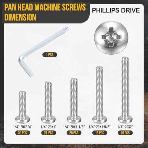 DTGN 1/4"-20 Pan Head Machine Bolts Assortment Kit 304 100pcs 100