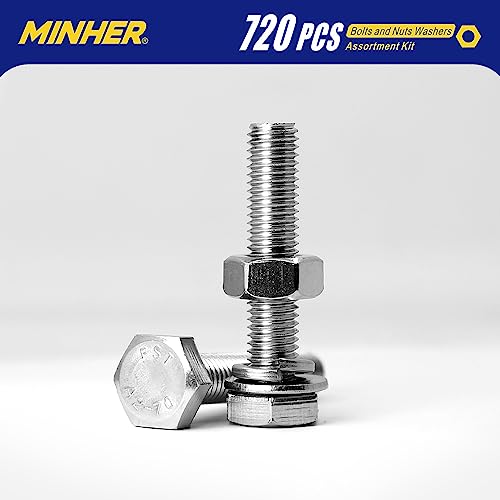 MINHER 720PCS M4 M5 M6 Bolts and Nuts Assortment Kit 304 Stainless Steel(18-8) Hex Screws Nuts & Washers, Includes 15 regular sizes M4, M5, M6 (720PCS)