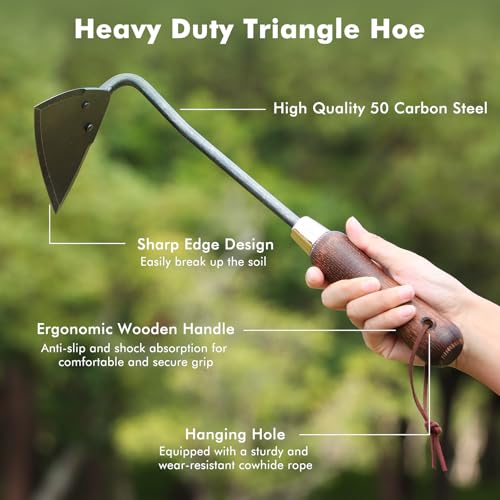 RESTMO Gardening Tools Bundle: Heavy Duty Gardening Tools Kit & Triangle Garden Hoe, Premium Carbon Steel Garden Hand Tools with Ergonomic Wooden Handle