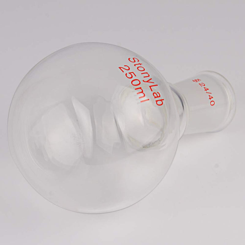 StonyLab Borosilicate Glass Heavy Wall Single Neck Flat Bottom Boiling Flask, with 24/40 Standard Taper Outer Joint, 250ml 250 mL