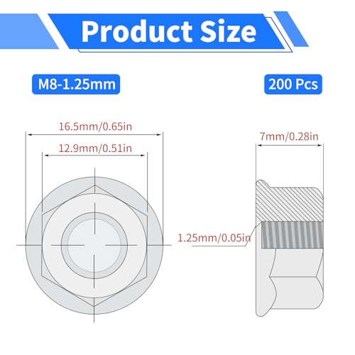 200 Pcs Hex Serrated Flange Nut, M8 x 1.25mm Serrated Flange Hex Lock Nuts, Medium Carbon Steel Serrat Metric Hexagonal Flanged Lock Nuts, Full Thread, Bright Finish, Black 200Pcs M8*1.25mm Black