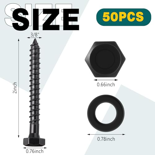 50 Sets 3/8" x 2" Hex Head Lag Bolts Heavy Duty Wood Lag Screw Carbon Stainless Steel with Washers Partially Threaded Hexagon Head Screws Zinc Plated(Black) 3/8" X 2" Black 50