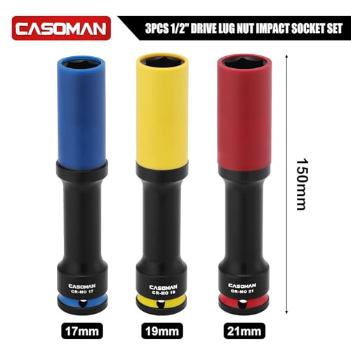 CASOMAN 3PCS 1/2" Drive Non-marring & Thin Wall Lug Nut Impact Socket Set, for Wheel Lug Nut Remover, Extra Deep 150mm, 6-Point, Metric, CR-MO, 17mm 19mm 21mm