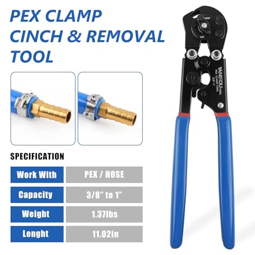 2 IN 1 Ratchet PEX Crimping Tool Kit - Cinch and Remove Dual Function Suitable for 3/8" to 1" Stainless Steel Clamps with Pex Cutter and Stainless Steel Pex Clamps 1/2" 25PCS, 3/4" 10PCS Pex Crimper Kit