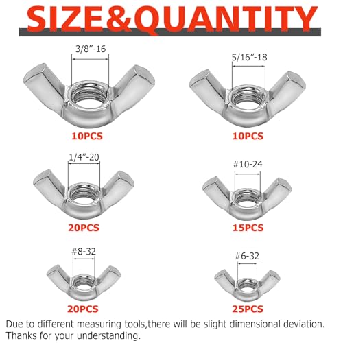 200 PCS Butterfly Wing Nuts Assortment Kit, SAE Metric 13 Sizes Carbon Steel Wing Nuts Fasteners, 1/4"-20, 5/16"-18, 3/8"-16, #6, #8, #10, M3, M4, M5, M6, M8, M10, M12