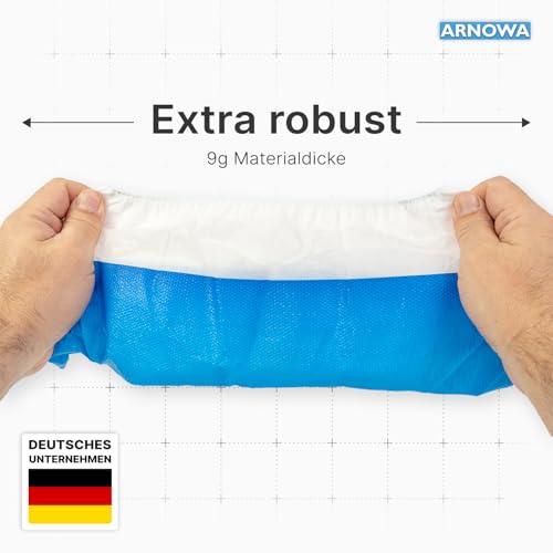 50 x Arnomed CPE + PP Disposable Shoe Covers 9 g Premium | Rutschfeste Überzieher Schuhe Weiß/Blau, Schuhschutz Überzug bis Gr 47, Maße: 17x40cm, robuste Überschuhe für die Baustelle 050pcs