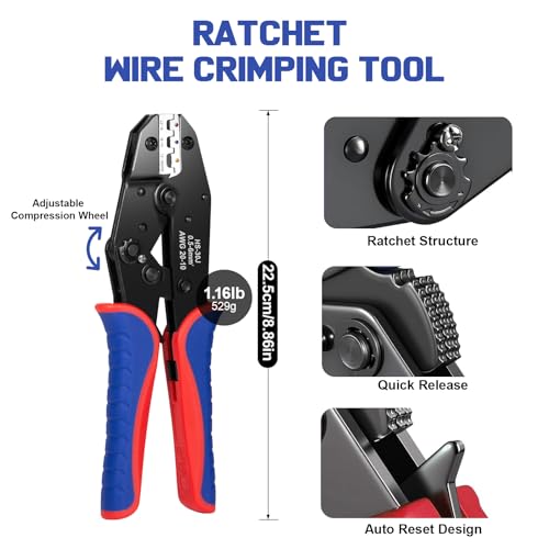 Wire Crimping Tool,6 Interchangeable Dies Crimper,for AWG22‑10 Heat Shrink,Insulated Nylon,AWG22‑6 Non‑Insulated Cable Lugs,AWG20‑10 Open Barrel Terminals,AWG24‑8 Ferrules,AWG14‑10 Solar Connectors 6
