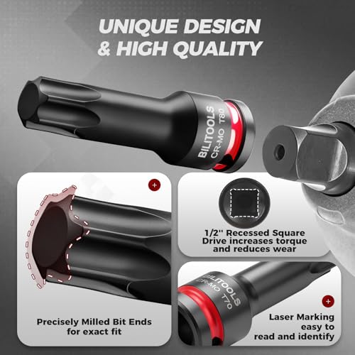 BILITOOLS 8-Piece Impact Torx Bit Socket Set, 1/2 Drive, T30-T80, Cr-Mo