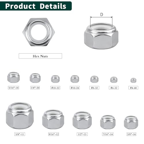 1/4"-20 Nylon Lock Nuts, 304 Stainless Steel (18-8) Hex Insert Locknuts, UNC Coarse Thread, Anti-Vibration for Automotive & Home Repair, 200 Pack 1/4"-20