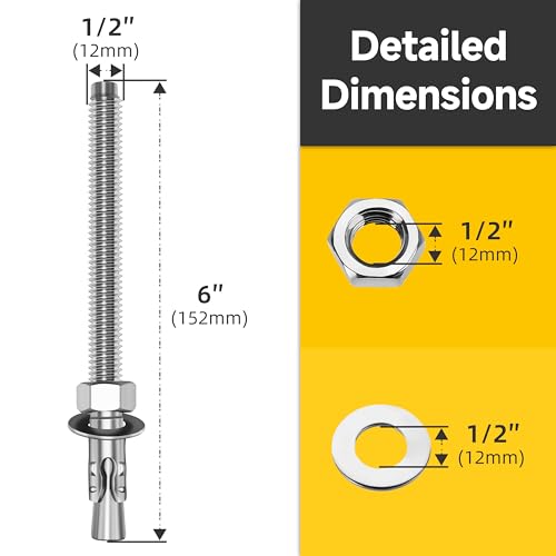 Mywish 1/2 x 6 Inch Wedge Anchors, 5Pcs 304 Stainless Steel Industrial 1/2 Heavy Duty Industrial Masonry Wdege Anchor Bolts for Brick Cement and Concrete, Bright Finish 1/2 x 6"