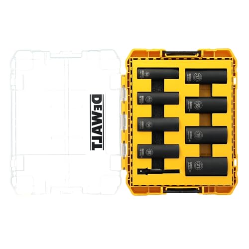 DEWALT 3/8 Impact Socket Set, 9 Pcs Deep Metric Socket Set, 6 point, 10 mm to 21 mm, Includes 1/4 inch Adapter, for Cordless and Corded Impact Drivers and Wrenches (DWAFSMSET9) 9 Pc Metric