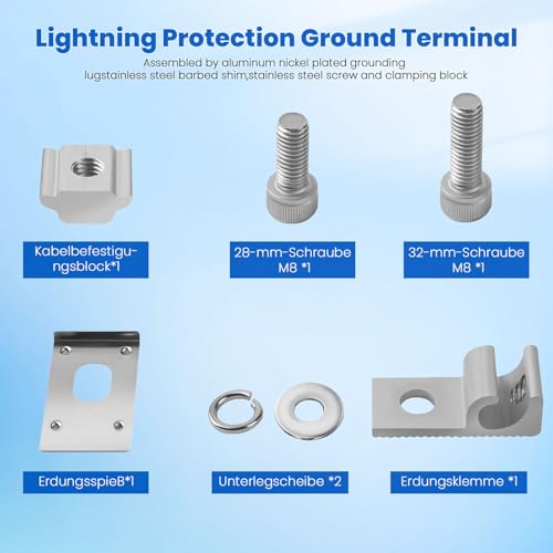 PV Earth Terminal Pack of 10 Earth Terminals for Solar Panel Rails | 10 PV Aluminum Earth Terminals for Solar Panels and Rails - Corrosion Resistant, Durable and Easy to Assemble.
