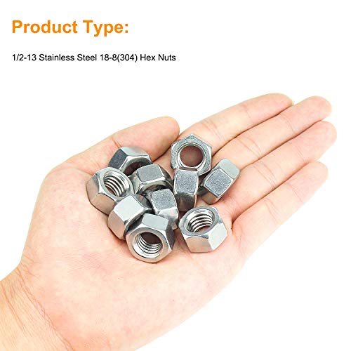 100 Pieces 1/2"-13 Stainless Hex Nut, Stainless Steel (304) 18-8 Nuts