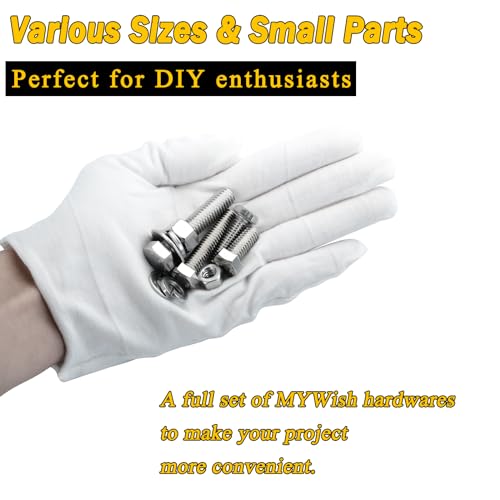 Mywish 254Pcs Nuts and Bolts, 1/4 20 5/16 18 3/8 16 Bolt, Heavy Duty 304 Stainless Steel Bolts and Nuts Kit with Flat Spring Washers, Includes 10 Common Sizes, Fully Threaded 254 Pcs Mixed Size Kit - Silver