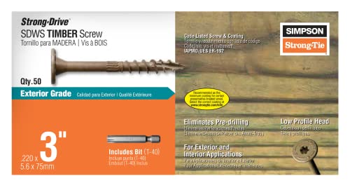Simpson Strong-Tie SDWS22300DB-R50 Strong-Drive SDWS Timber Screws (Exterior Grade), 0.220 Inch x 3 Inch, Double-Barrier Coated, Washer Head, Sawtooth Point, Tan (Pack of 50) 3-Inch
