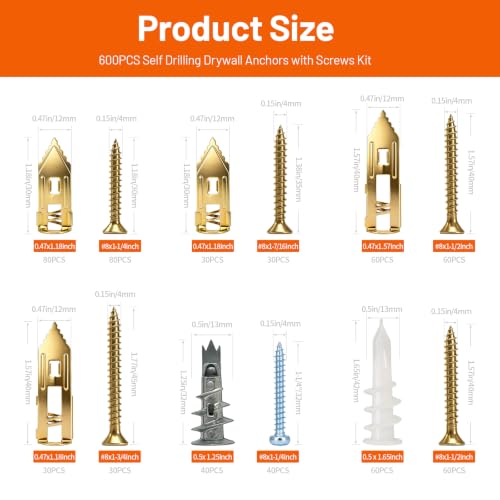 600 PCS Drywall Anchors and Screws Assortment Kit, Heavy Duty Plaster Wall Expansion Wall Plugs Self Drilling Hollow Wall Anchors for Shelves, Pictures, Curtains, TV Brackets
