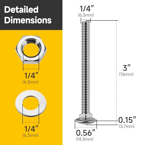 Mywish 1/4" x 3" Hex Head Lag Bolts & (14 Sets) 1/4-20 x 3 Carriage Bolts Screws Round Head Square Neck and Hex Nuts & Flat Washers, Lag Screws Wood Screws, Full Threaded 304 Stainless Steel Bright Fi