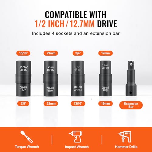 VEVOR Lug Nut Impact Socket Set 1/2-Inch Drive, 8-IN-4 Flip Socket Design, Covers Most Commonly Used SAE & Metric Wheel Nuts, CR-MO Steel 8-IN-4 Flip Design 1/2" 5PCS 6PT
