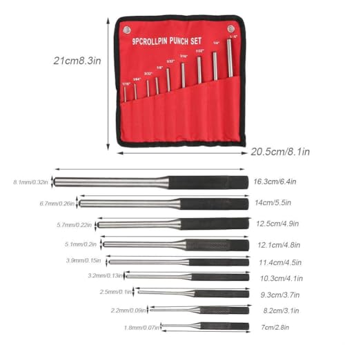 9PCS Roll Pin Punch Set Removing Repair Tools Alloy Steel Mechanics Punch Kit with Tool Pouch, Great for Machinery, Vehicles, Woodwork and Crafts