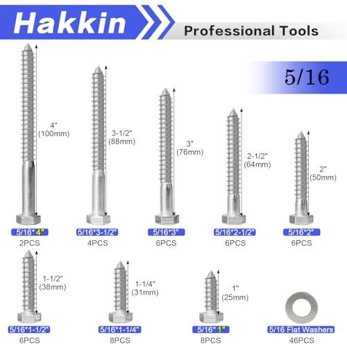 5/16" Hex Lag Bolts Screws Washer Assortment Kit 1" 1-1/4" 1-1/2" 2" 2-1/2" 3" 3-1/2" 4",92Pcs Stainless Steel Lag Screws,Heavy Duty Hexagon Head Lag Bolt Wood Screws Washer Kit by Hakkin C 5/16-18 (92PCS)