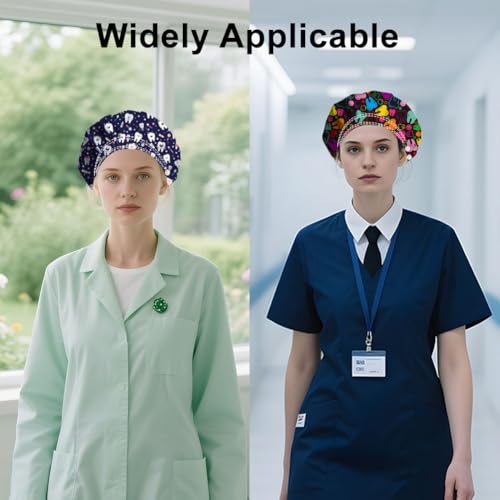 Pack of 2 Scrub Caps with Tooth Pattern, Four Press Studs, Made of Elastic Cotton, One Size, Surgical Hats, Chef's Hat, Unisex Headwear for Women, Men, Medical Care, Kitchen, Housework