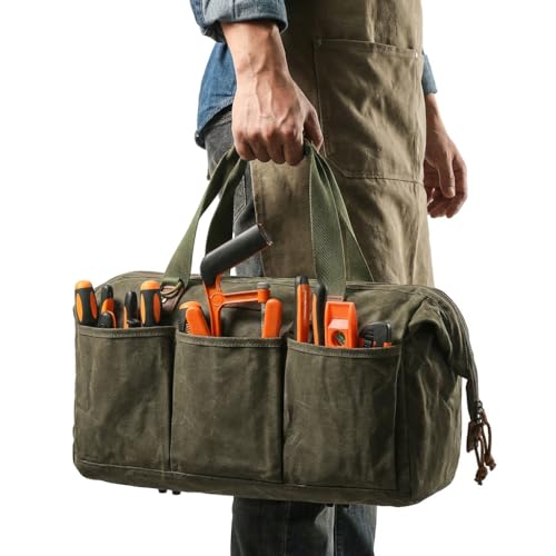 Heavy Duty 18-Inch Tool Bag for men, 12 Pockets, Large Zippered Tool Organizer, Portable Empty Toolbox for Mechanics, Electricians, DIY – Durable Soft Handle, Ideal Father’s Day or Birthday Gift Army Green