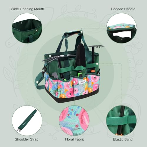 Hard Bottom Floral Garden Tool Tote Bag with Shoulder Strap Green Floral