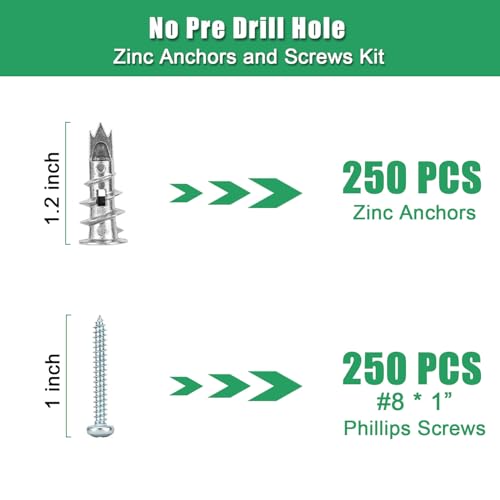 500PCS Zinc Self-Drilling Drywall Anchors with Screws Kit, 250pcs Heavy Duty Metal Wall Anchors and 250pcs #8 x 1'' Screws 500