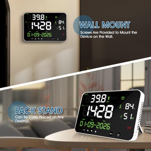 Digital Sound Level Meter 30-130dB with Alarm - Noise Decibel Monitor with Temperature,Humidity, Time, Calendar Display, 8-Level Dimmable, 11inch Screen, Wall Mounted for Classroom, Office, Factory White