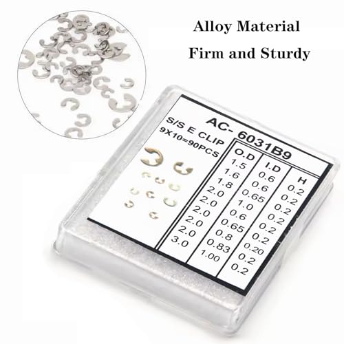 90pcs Watch Ring Clip C Clips E Clip, 9sizes 1.5-4mm External Retaining Rings, Snap Ring Assortment Kit, for Chronograph, Watch Pusher Button and Other Shafts