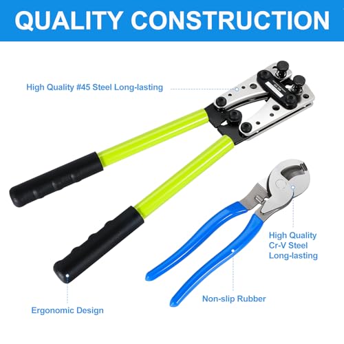 Battery Cable Lug Crimping Tool For Copper Battery Terminal Connectors,Wire Crimper Tool for AWG 10-1/0 battery Cable Ends Crimper Lugs with Wire Shear Cutter Crimper and Cutter