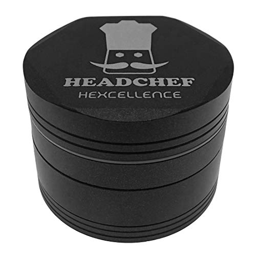 Headchef Hardcore Hexellence Ceramic Non-Stick Coated Metal Herb Grinder, 4 Piece, 62mm (Black)