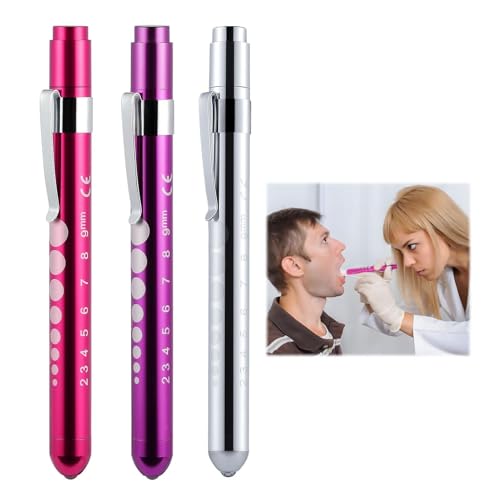 3 Pupil Light in Purple, Pink, Silver, LED Torch Eye Light | Pupil Meter Pupil Light, Portable Light Pen with Pocket Clip, Ruler, Nurse Care Accessories