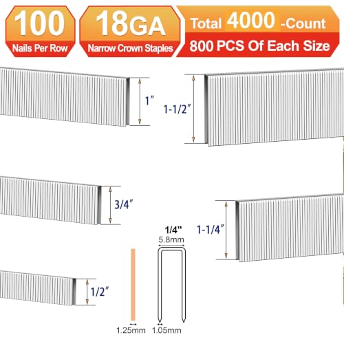 18 Gauge 1/4" Narrow Crown Staples,1/2",3/4",1",1-1/4",1-1/2":4000pcs 5Sizes(1/2",3/4",1",1-1/4",1-1/2")---4000pcs