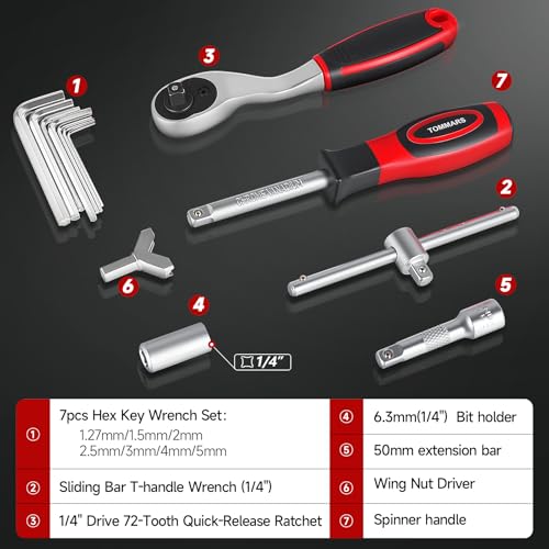TOMMARS 130PCS Mini Ratchet Set, 1/4 Inch Socket Set, Screwdriver Bits. 130PC Mini Ratchet Set