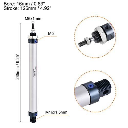 PATIKIL 16mm Bore 125mm Stroke Pneumatic Air Cylinder, Single Rod Double Action with Y Connector and 2Pcs Fitting 16x125mm