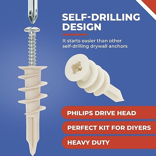 Self Drilling Drywall Anchor Kit - Wall Anchors With Screws for Drywall, Plastic Anchors, 400 Pieces 200 Pack
