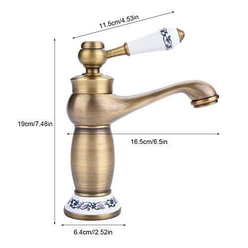 Fdit Single Handle Mixer Tap, Brass Bathroom Basin Faucet with Floral Pattern Lift Up Turn Design for Sink and Hand Washing Basin (Antique) Blue,white