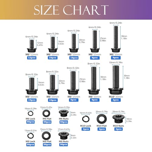 371PCS Flange Hex Black Bolts and Nuts Assortment Kit M6x1.0 M8x1.25 M10x1.5 Metric Bolts Nuts Washers Assortment Class 10.9 Alloy Steel Black Zinc Plated,Full Thread