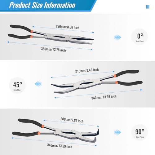 3-PCS 13” Double Jointed Long Needle Nose Pliers Set with Straight, 45°and 90° Bent Tips - Professional Thin-Nosed Enhanced Long Reach Pliers Suitable for Working in Narrow and Sharp Angles 3-piece Long Nose Pliers Set