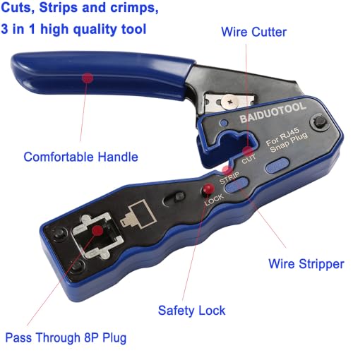 RJ45 Crimp Tool Kit Pass Through Crimper Cutter for Cat5 Cat5e Cat6 Cat6a 8P8C Modular Connector All-In-One Cat6 Crimping tool Etrhernet Crimper Tool and Tester(9V Battery Not Included) 670 Rj45-8P Crimping Tool Kit