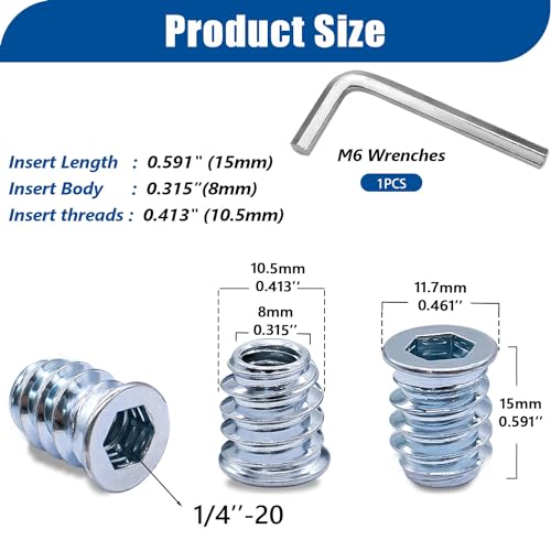 Taiss 60PCS 1/4"-20 Threaded Inserts for Wood,Hex Socket Drive Insert Nuts+30pcs 1/4-20 x 3/4" Flat Head Socket Head Screw+170PCS Threaded Inserts Nuts