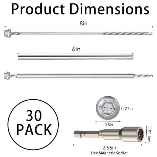 30 Pack 8 Inch Stainless Steel Gutter Screws with 304 Stainless Steel Sleeves, Heavy Duty Roof Gutter Repair Kit with Magnetic Socket, Premium 6-Inch Metal Gutter Fasteners Replacement 30