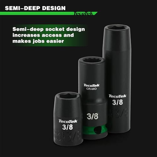 TecoTek 3/8-Inch Drive 12-Point SAE Semi-Deep Impact Socket Set, Mid-Length Socket Set, 5/16-Inch to 1-Inch, CR-MO, Stamped and Ink Filled Size Marking, 12-Piece