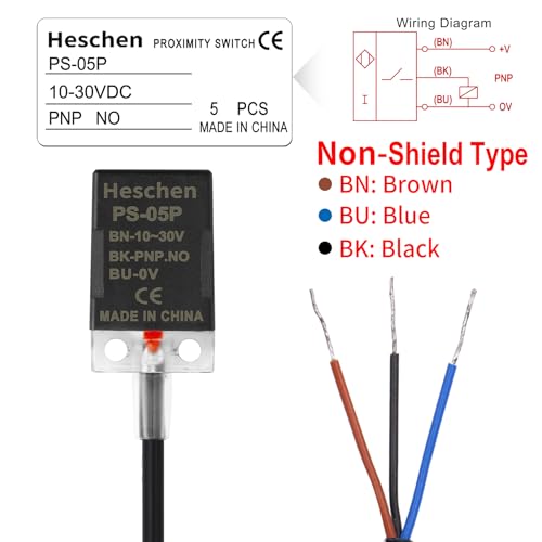 Heschen Inductive Proximity Switch PS-05P, 10-30V 200mA, PNP NO, Sensor Distance 5mm, CE, Pack of 5